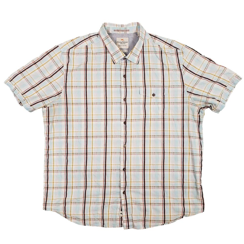 Tommy Bahama Jeans Plaid Camp Shirt Mens‎ XL Light Blue Island Modern Fit Aloha